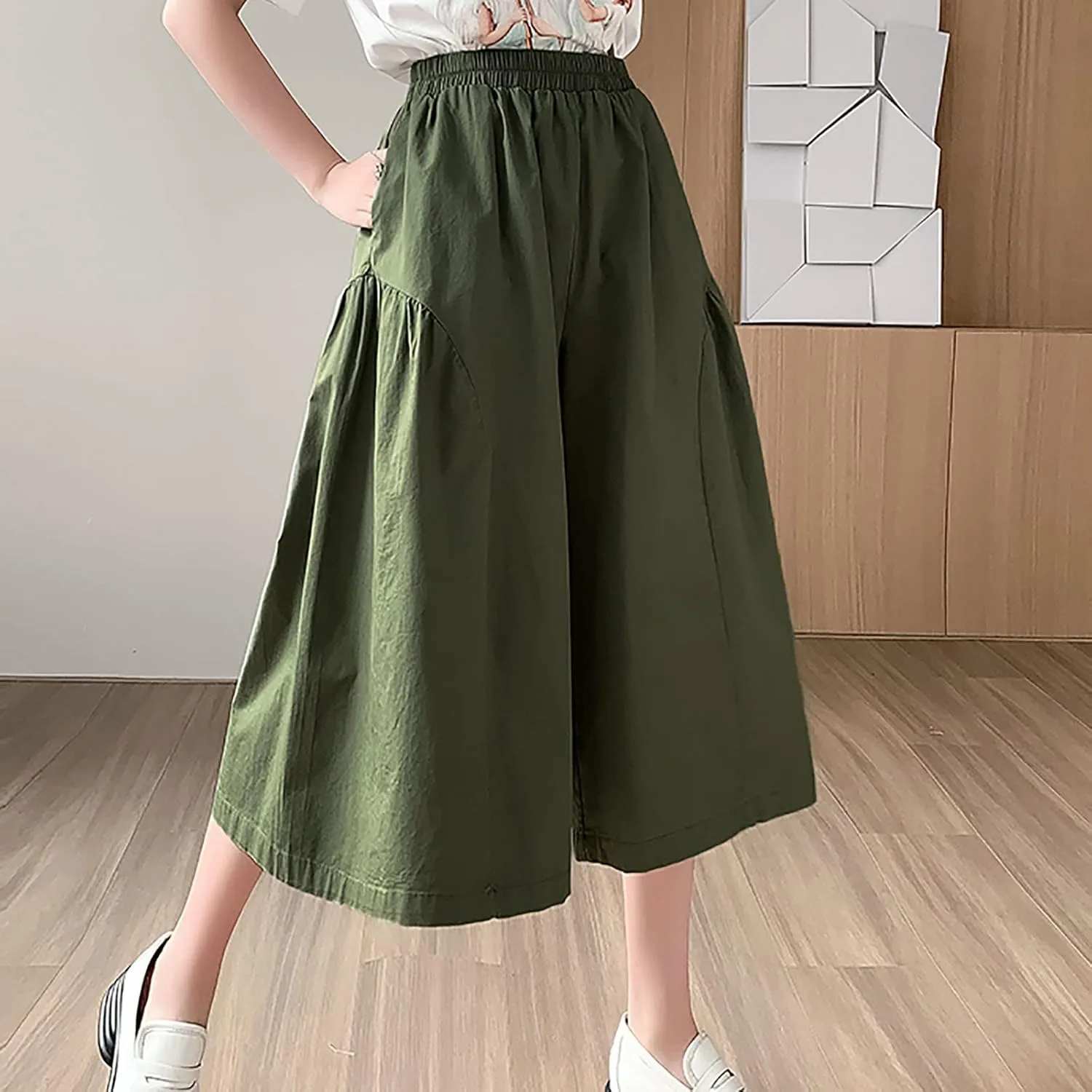 XUNRYAN Womens Culottes Pants Flowy Capri Pants Elastic High Waist Summer Casual Boho Skirt Pants Beach Trousers Outfits