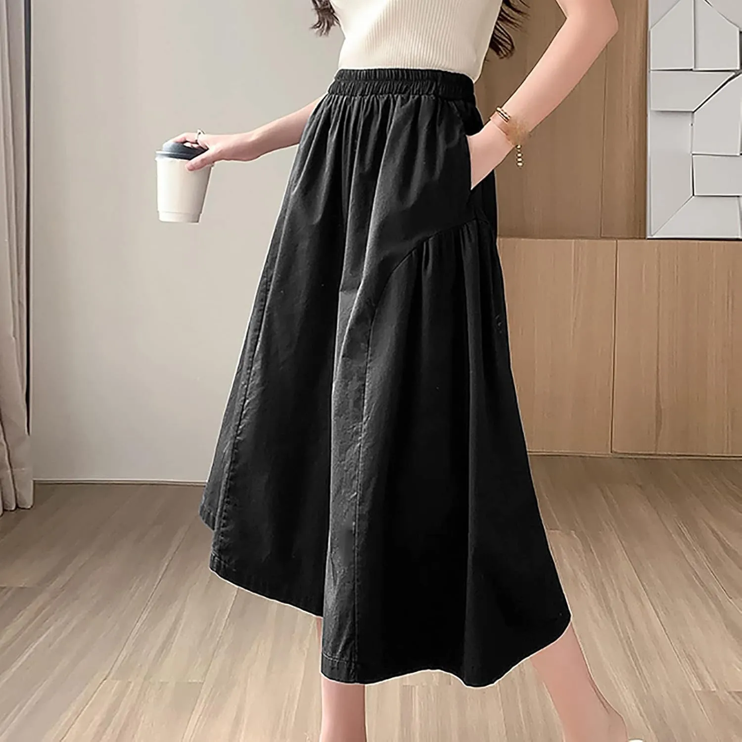 XUNRYAN Womens Culottes Pants Flowy Capri Pants Elastic High Waist Summer Casual Boho Skirt Pants Beach Trousers Outfits