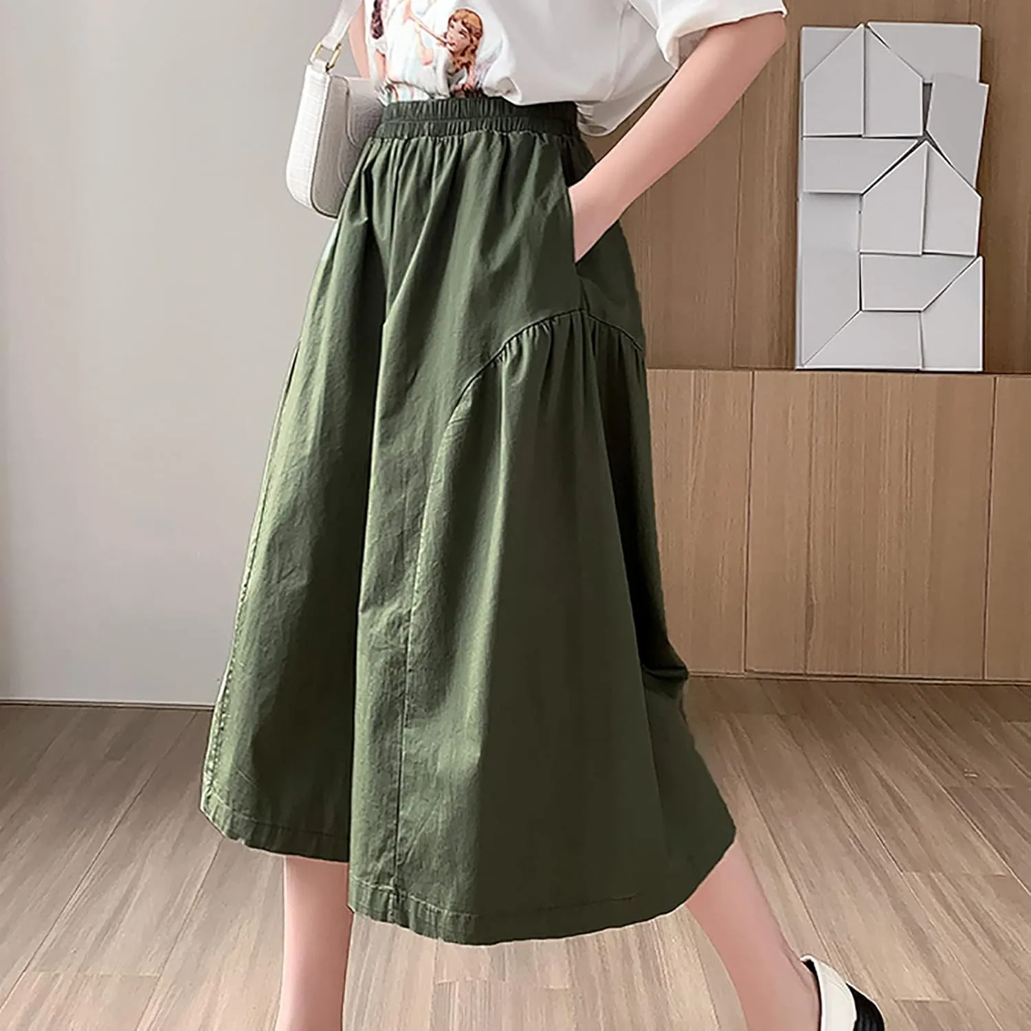 XUNRYAN Womens Culottes Pants Flowy Capri Pants Elastic High Waist Summer Casual Boho Skirt Pants Beach Trousers Outfits