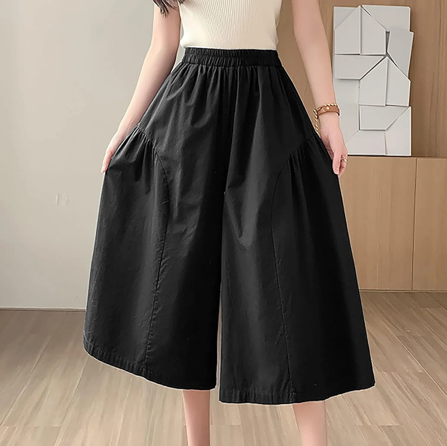 XUNRYAN Womens Culottes Pants Flowy Capri Pants Elastic High Waist Summer Casual Boho Skirt Pants Beach Trousers Outfits