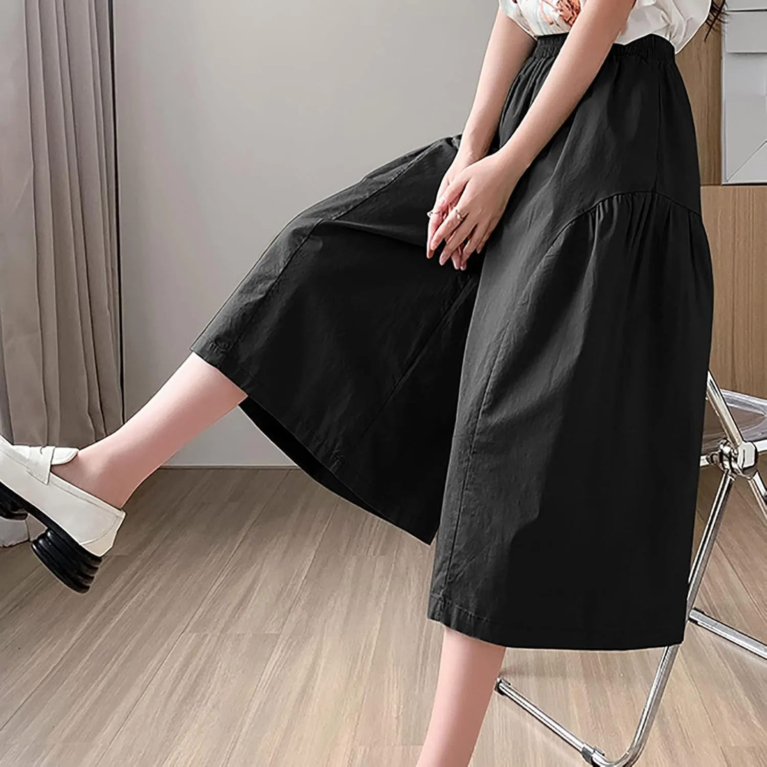 XUNRYAN Womens Culottes Pants Flowy Capri Pants Elastic High Waist Summer Casual Boho Skirt Pants Beach Trousers Outfits
