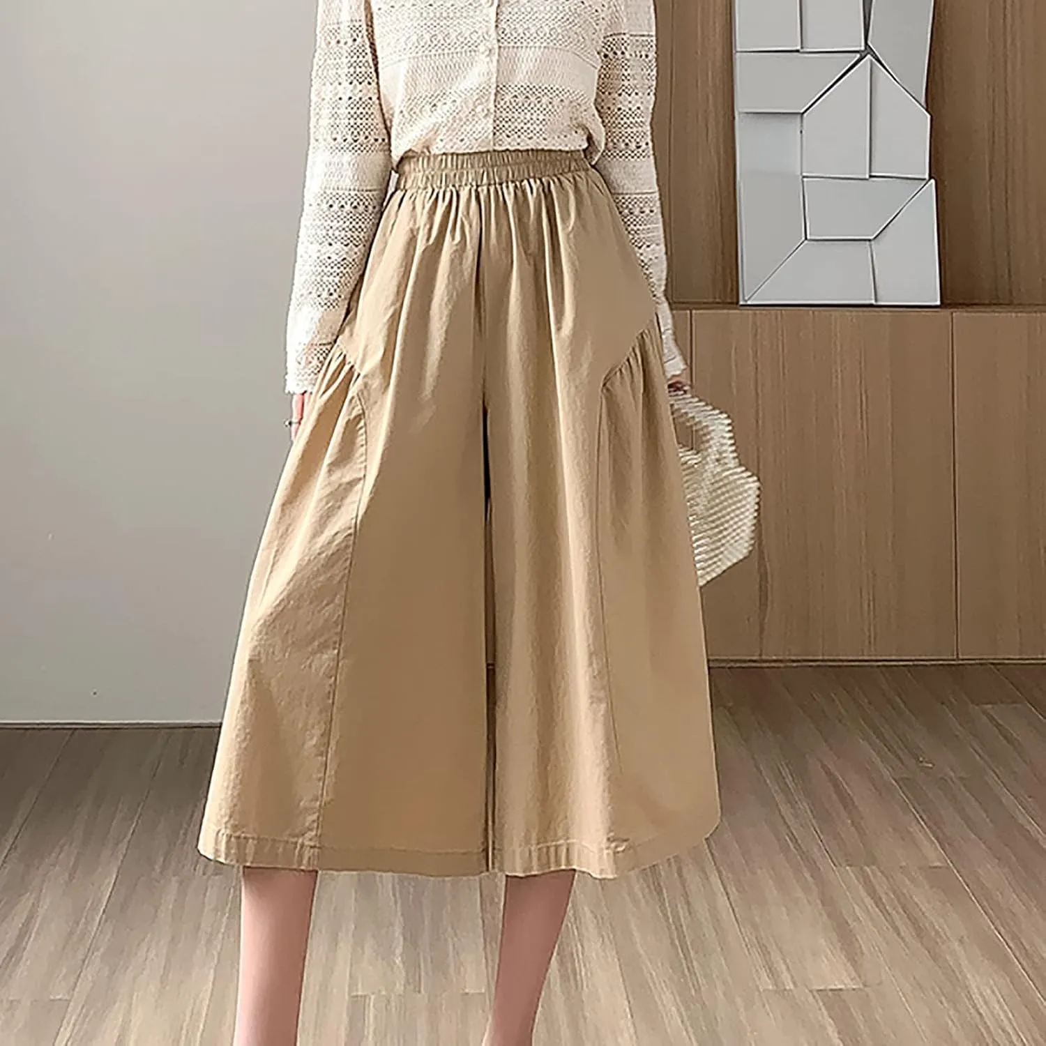 XUNRYAN Womens Culottes Pants Flowy Capri Pants Elastic High Waist Summer Casual Boho Skirt Pants Beach Trousers Outfits
