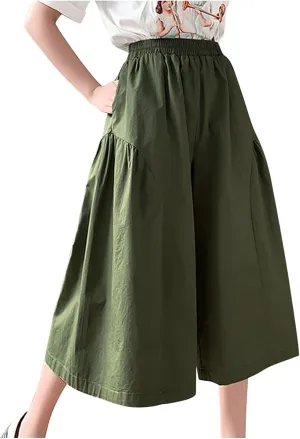 XUNRYAN Womens Culottes Pants Flowy Capri Pants Elastic High Waist Summer Casual Boho Skirt Pants Beach Trousers Outfits
