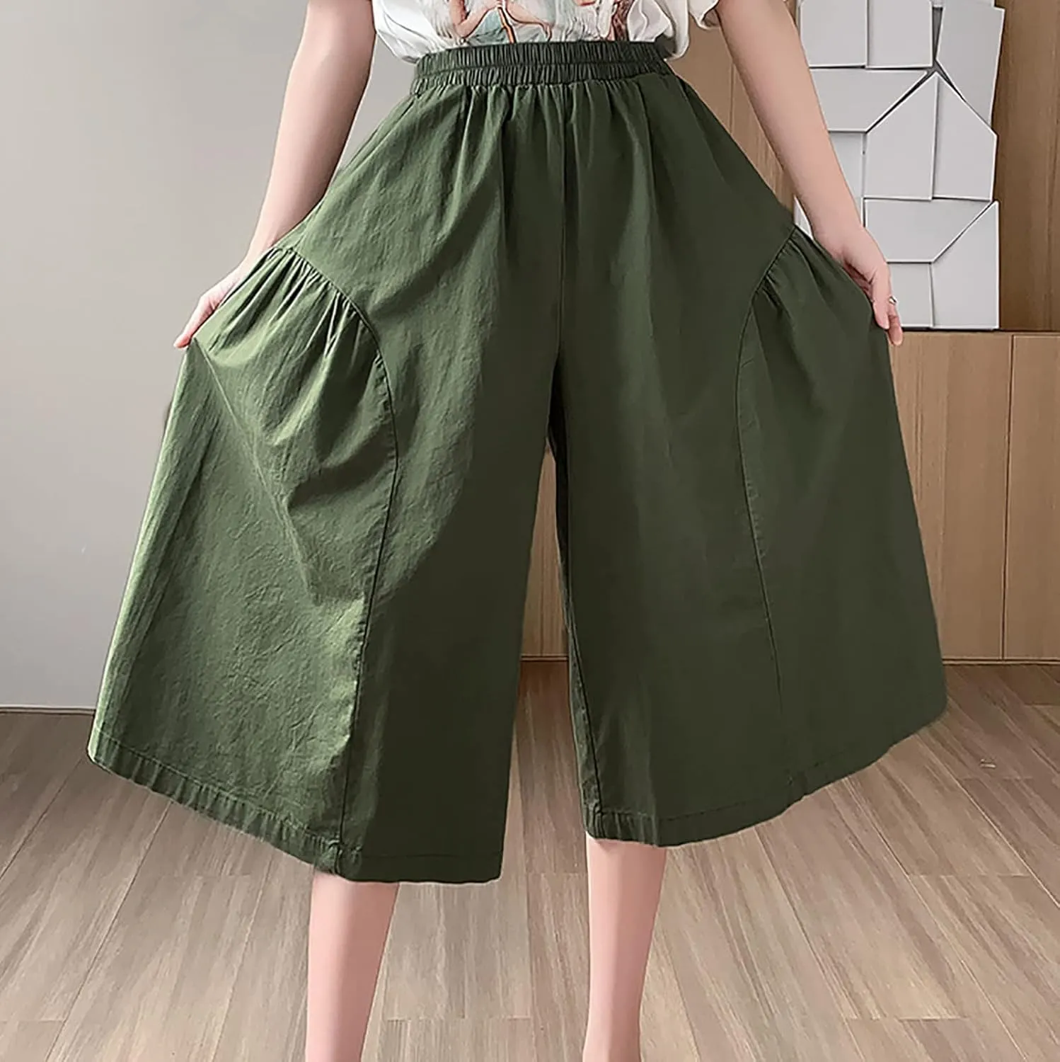 XUNRYAN Womens Culottes Pants Flowy Capri Pants Elastic High Waist Summer Casual Boho Skirt Pants Beach Trousers Outfits