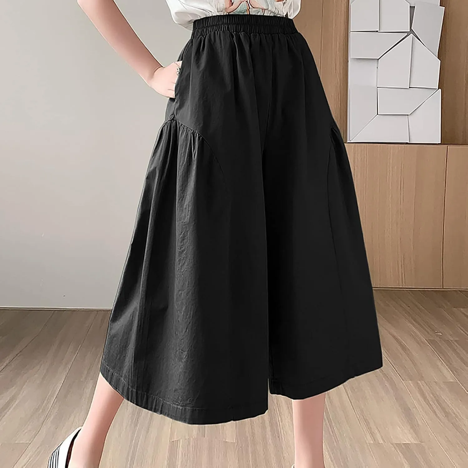 XUNRYAN Womens Culottes Pants Flowy Capri Pants Elastic High Waist Summer Casual Boho Skirt Pants Beach Trousers Outfits