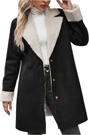 XUNRYAN Womens Trench Coat Long Suede Faux-Leather Jackets Winter Warm Sherpa Fleece Jackets Parka Overcoat Anorak Outerwear
