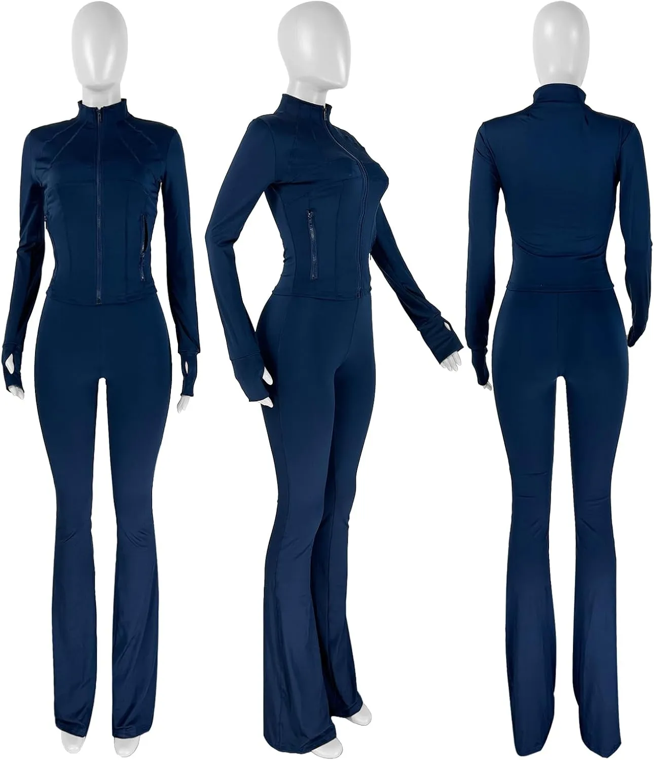 XZLUFNY Casual Workout Two Piece Outfits for Women Long Sleeve Tops Flare Pants Matching Sets