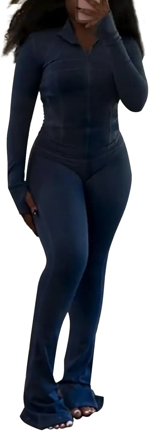 XZLUFNY Casual Workout Two Piece Outfits for Women Long Sleeve Tops Flare Pants Matching Sets