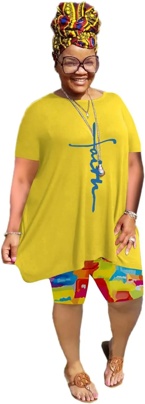 YeGine Women Plus Size 2 Piece Outfits Casual Short Sleeve Tunic Tops Shorts Sets Summer Oversized Tshirts Shorts Sweatsuits