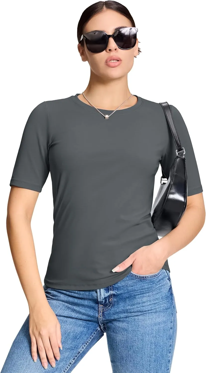 YUCOLEN Womens Casual Going Out Tops Short Sleeve Slim Fit Cotton T Shirts Half Sleeve Fitted Summer Tops Cute Tshirts