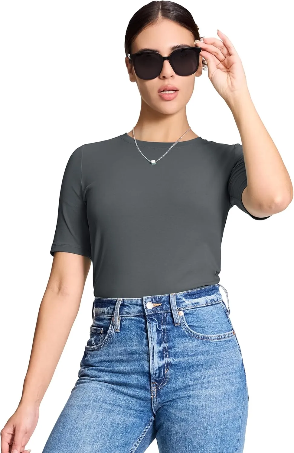 YUCOLEN Womens Casual Going Out Tops Short Sleeve Slim Fit Cotton T Shirts Half Sleeve Fitted Summer Tops Cute Tshirts