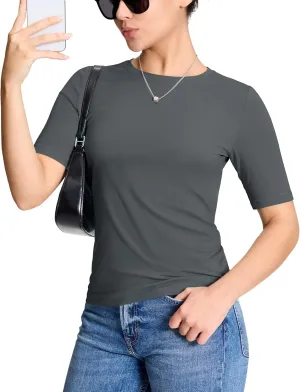 YUCOLEN Womens Casual Going Out Tops Short Sleeve Slim Fit Cotton T Shirts Half Sleeve Fitted Summer Tops Cute Tshirts