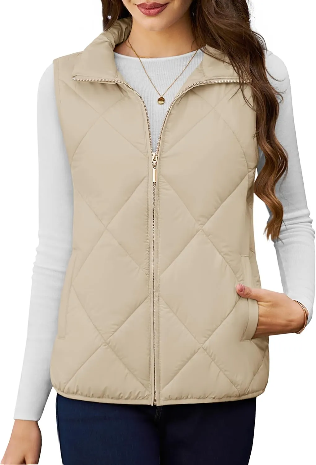 YUCOLEN Women's Quilted Vest 4 Pockets Stand Collar Lightweight Zip Padded Gilet Sleeveless Jackets Coats Outwear
