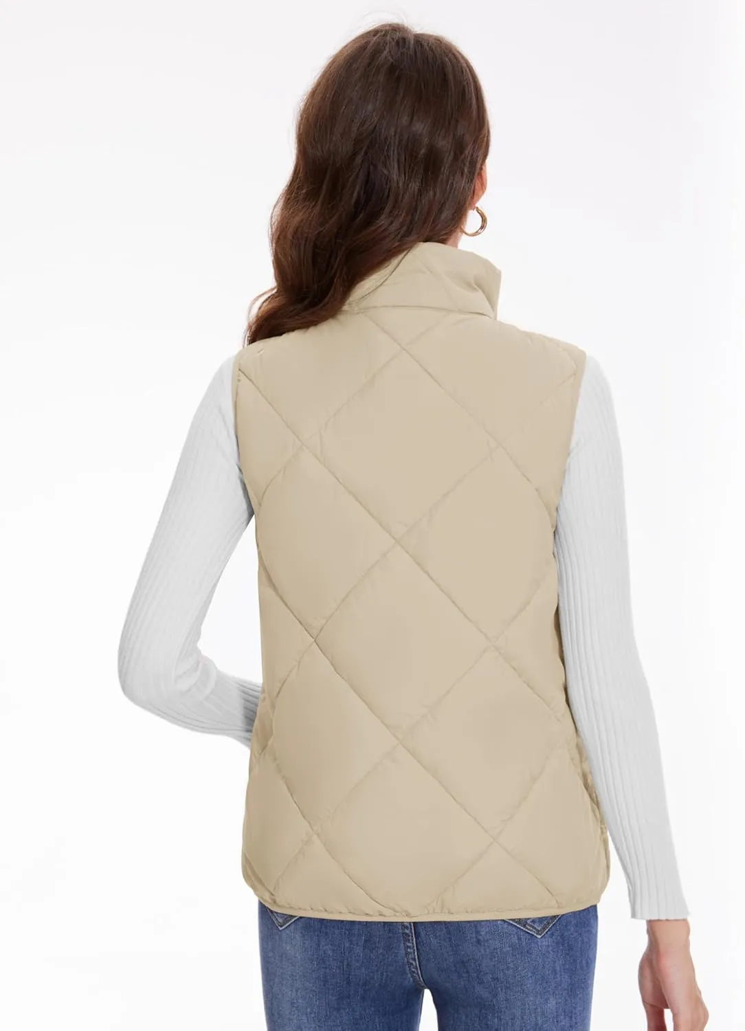 YUCOLEN Women's Quilted Vest 4 Pockets Stand Collar Lightweight Zip Padded Gilet Sleeveless Jackets Coats Outwear