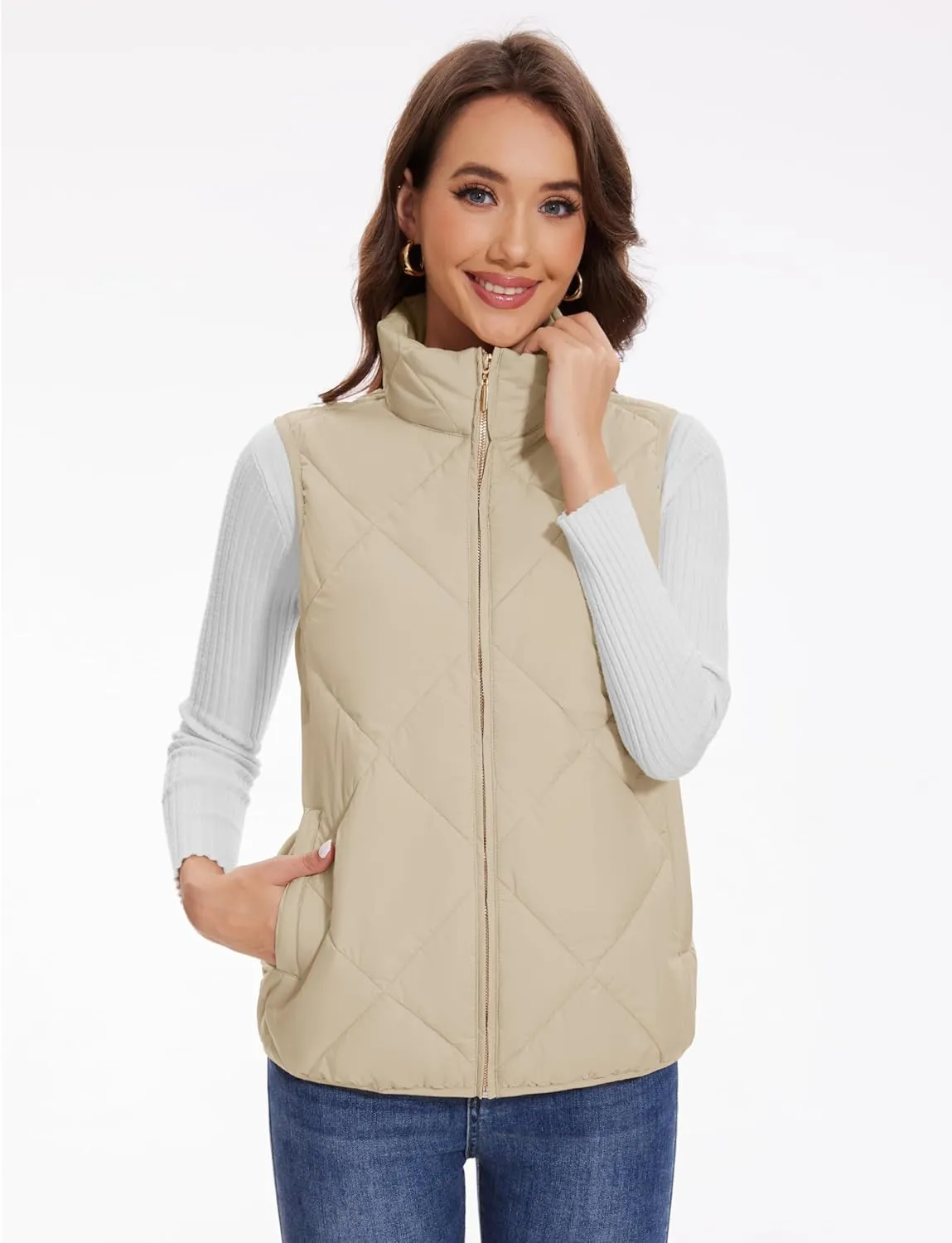 YUCOLEN Women's Quilted Vest 4 Pockets Stand Collar Lightweight Zip Padded Gilet Sleeveless Jackets Coats Outwear
