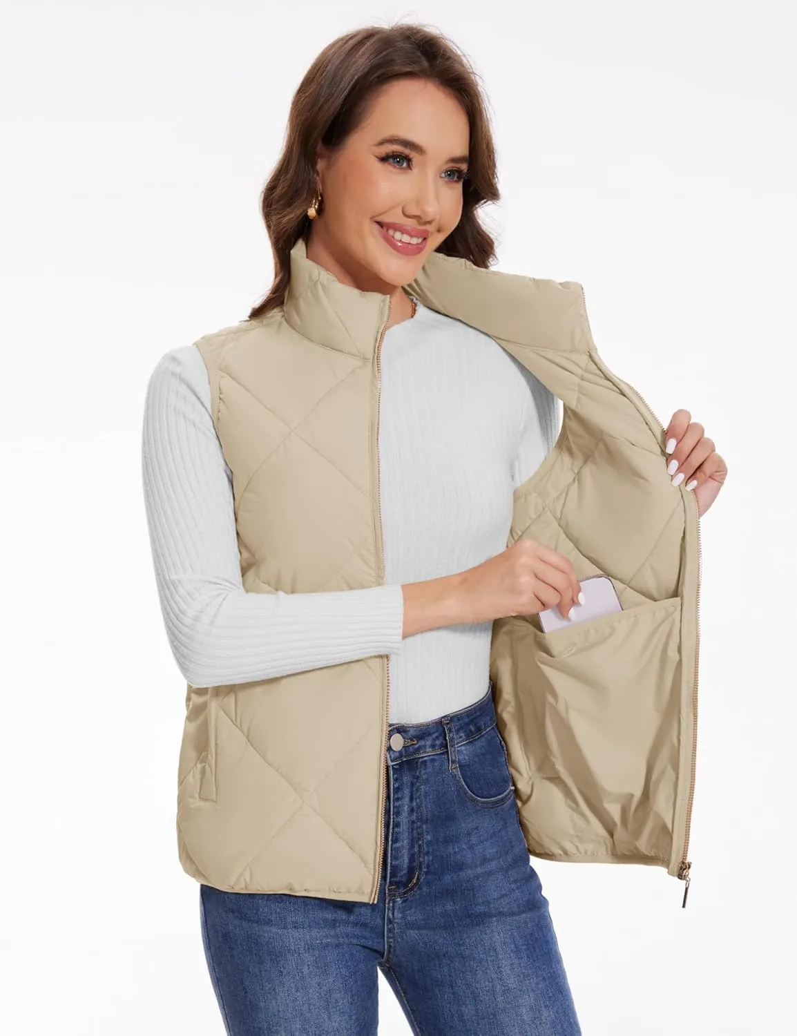 YUCOLEN Women's Quilted Vest 4 Pockets Stand Collar Lightweight Zip Padded Gilet Sleeveless Jackets Coats Outwear