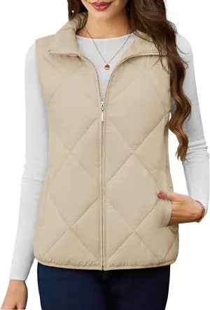 YUCOLEN Women's Quilted Vest 4 Pockets Stand Collar Lightweight Zip Padded Gilet Sleeveless Jackets Coats Outwear