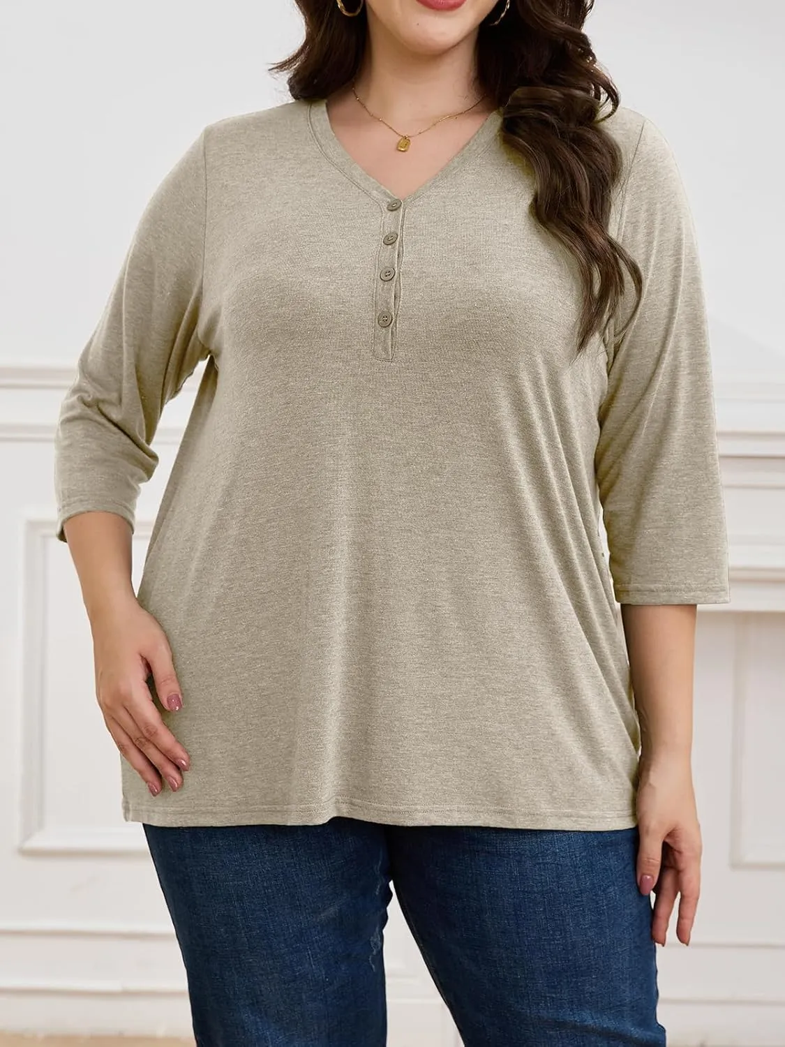 ZDC Women's Plus Size T Shirts 3/4 Sleeve V Neck Tee Tops Button Down Basic Tunic