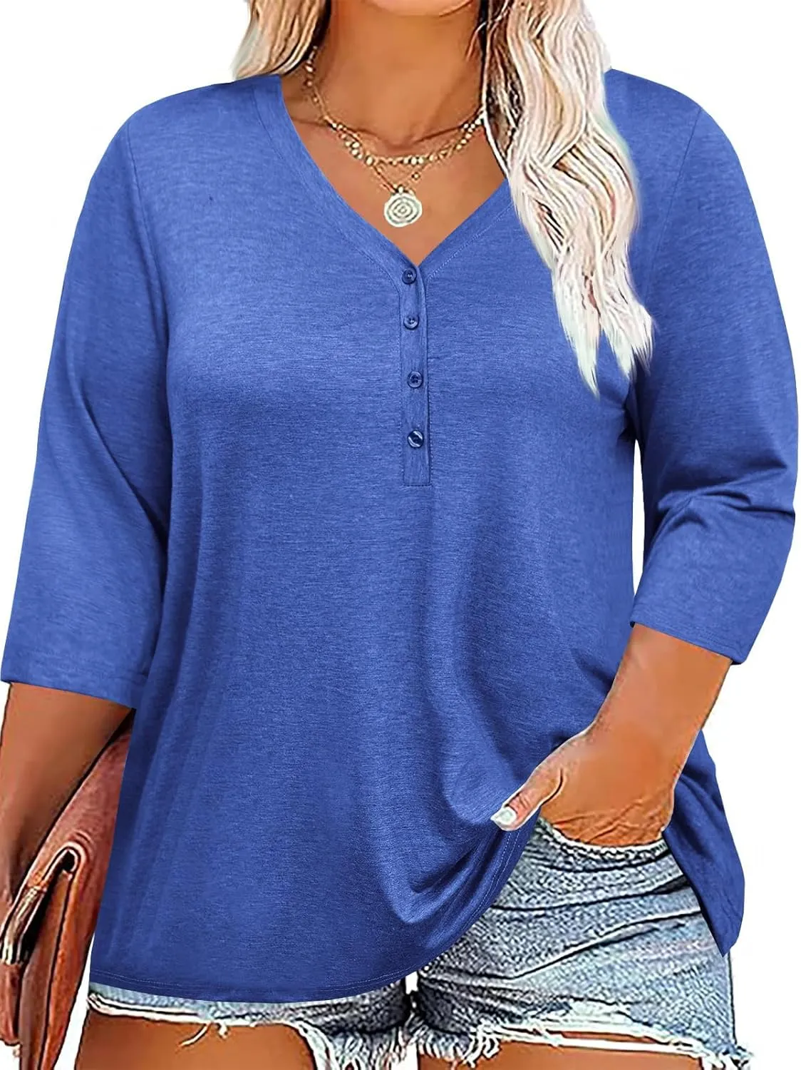 ZDC Women's Plus Size T Shirts 3/4 Sleeve V Neck Tee Tops Button Down Basic Tunic