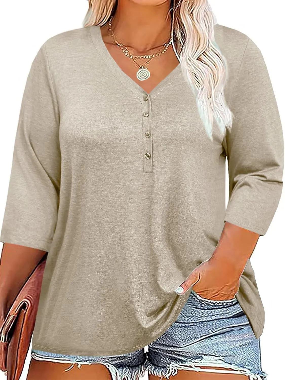 ZDC Women's Plus Size T Shirts 3/4 Sleeve V Neck Tee Tops Button Down Basic Tunic