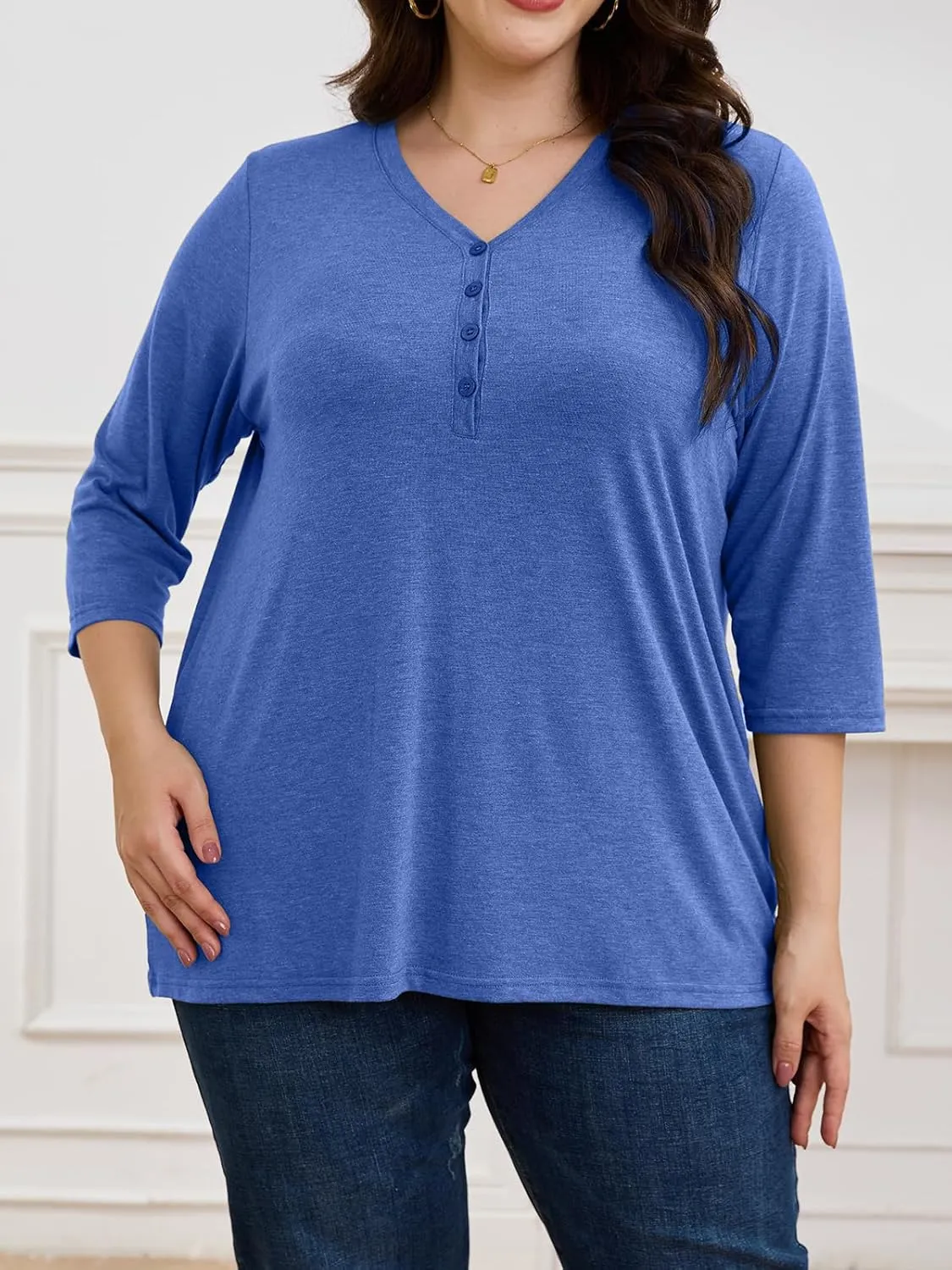 ZDC Women's Plus Size T Shirts 3/4 Sleeve V Neck Tee Tops Button Down Basic Tunic
