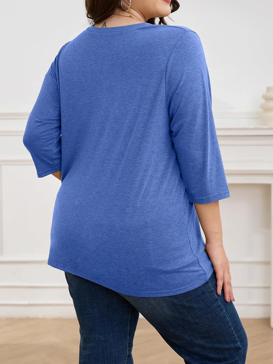 ZDC Women's Plus Size T Shirts 3/4 Sleeve V Neck Tee Tops Button Down Basic Tunic