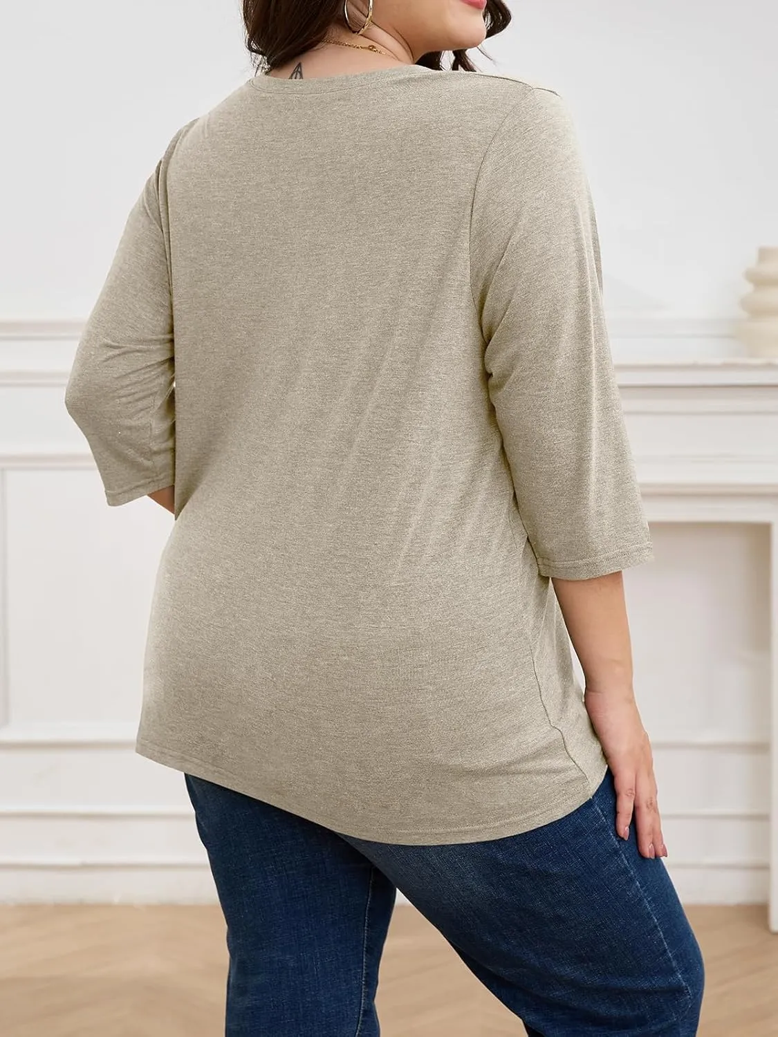 ZDC Women's Plus Size T Shirts 3/4 Sleeve V Neck Tee Tops Button Down Basic Tunic