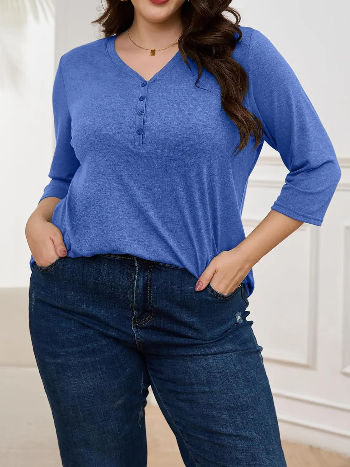 ZDC Women's Plus Size T Shirts 3/4 Sleeve V Neck Tee Tops Button Down Basic Tunic
