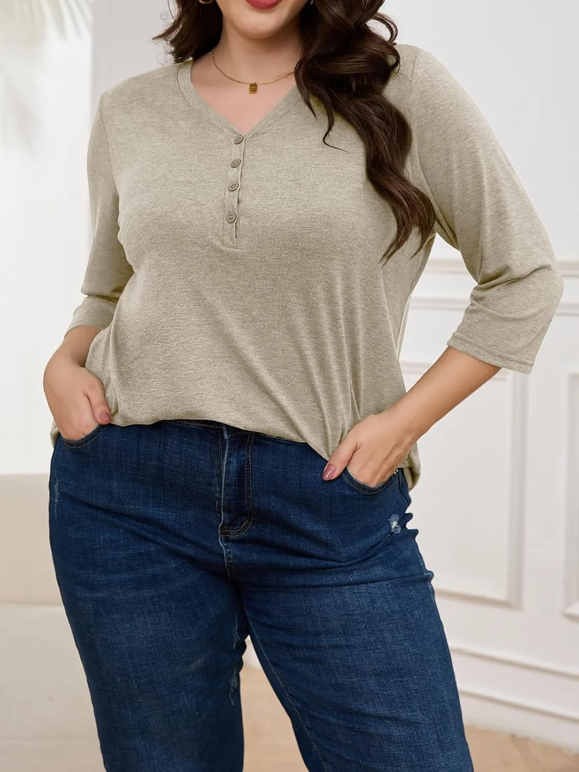 ZDC Women's Plus Size T Shirts 3/4 Sleeve V Neck Tee Tops Button Down Basic Tunic