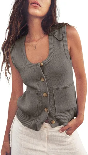 ZDC Women's Summer Sweater Vest Button Down Sleeveless Tank Tops Lightweight Vests with Pockets