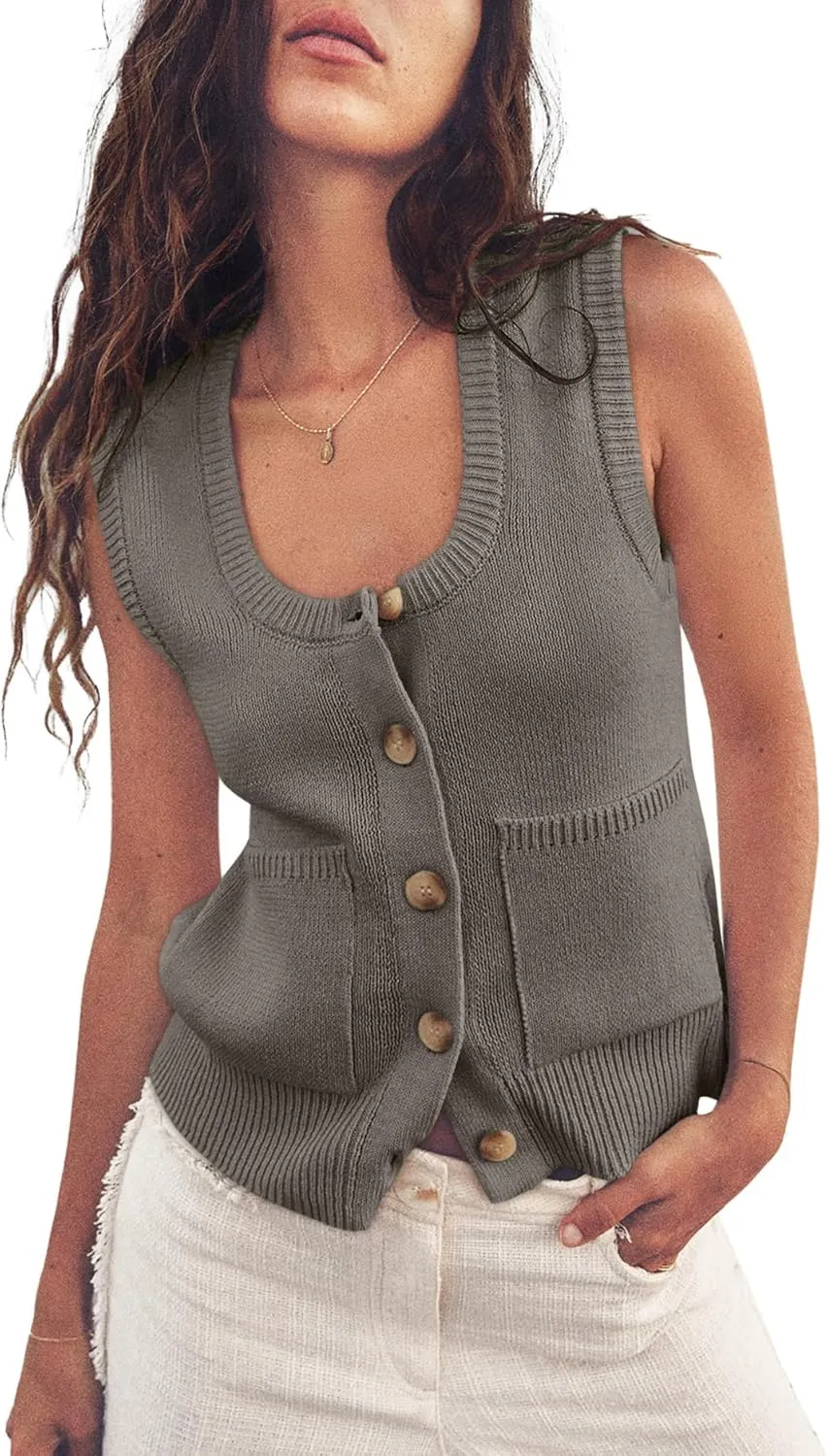 ZDC Women's Summer Sweater Vest Button Down Sleeveless Tank Tops Lightweight Vests with Pockets