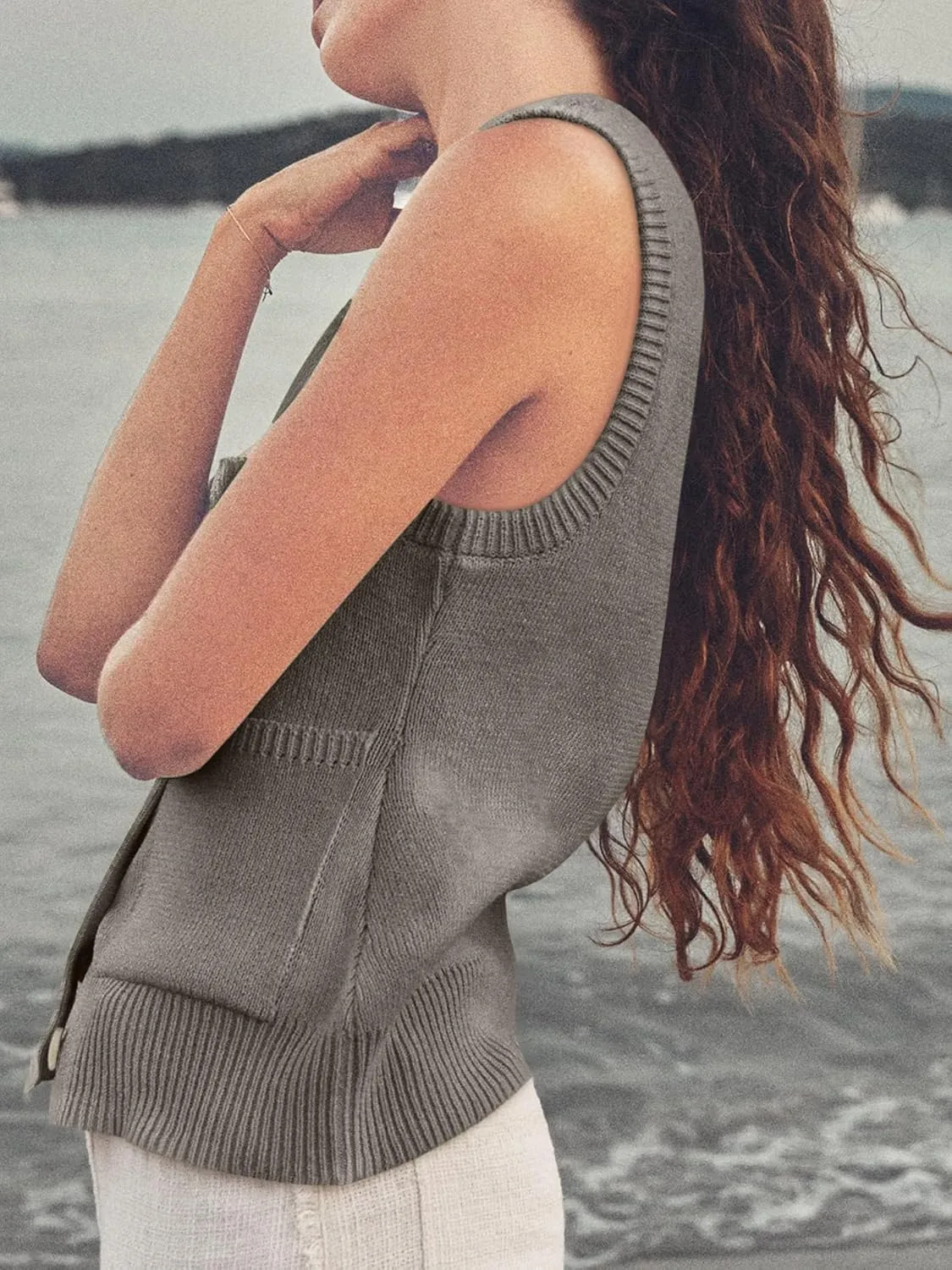 ZDC Women's Summer Sweater Vest Button Down Sleeveless Tank Tops Lightweight Vests with Pockets