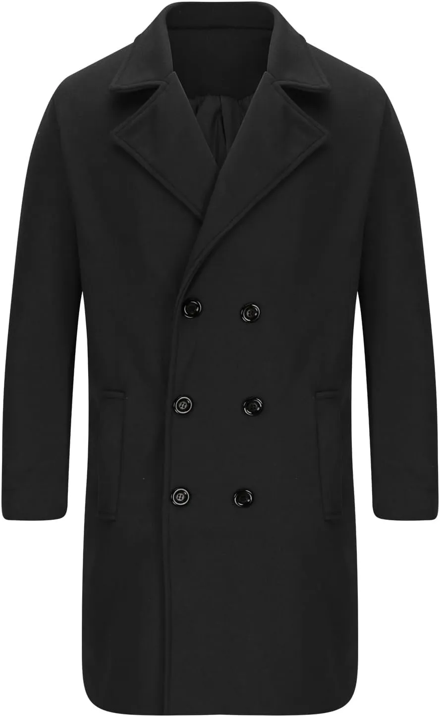 Zeiyignr Mens Trench Coat Notched Lapel Collar Double Breasted Wool Blend Pea Coat Casual Slim Fit Mid Long Overcoat Jacket