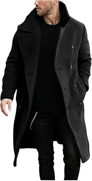 Zeiyignr Mens Trench Coat Notched Lapel Collar Double Breasted Wool Blend Pea Coat Casual Slim Fit Mid Long Overcoat Jacket