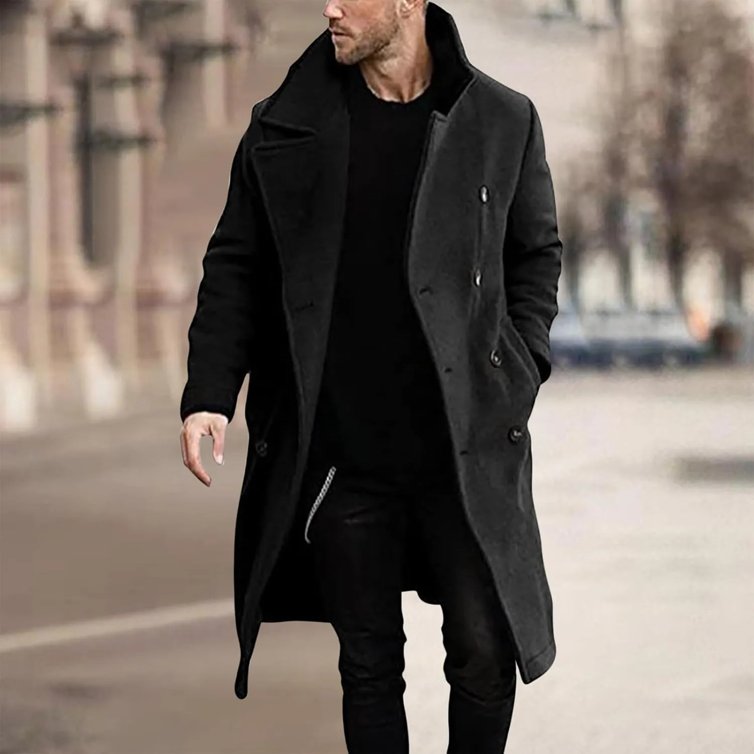 Zeiyignr Mens Trench Coat Notched Lapel Collar Double Breasted Wool Blend Pea Coat Casual Slim Fit Mid Long Overcoat Jacket