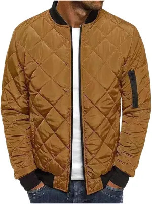 ZWRXW Bomber Jackets for Men Diamond Quilted Puffer Down Jacket Full Zip Lightweight Varsity Padded Coat Winter Warm Outwear