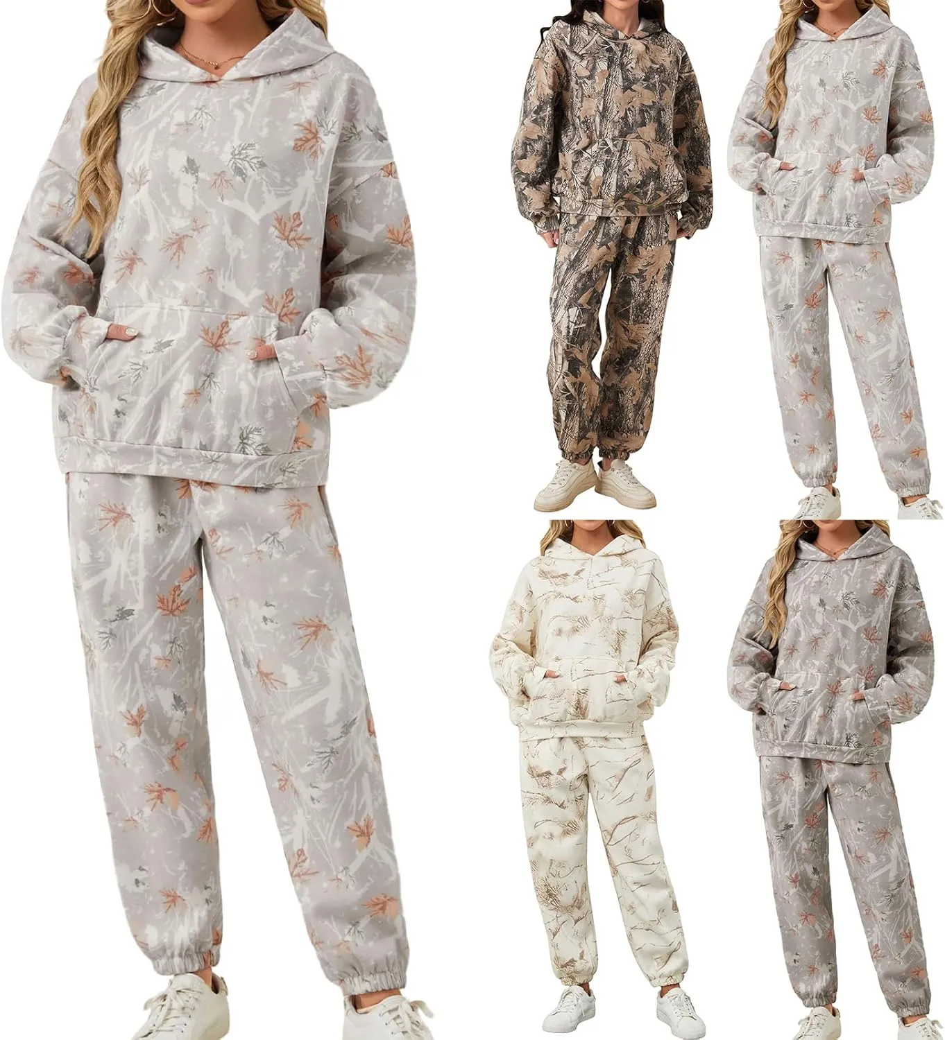 ZWRXW Camo Sweatsuits Women 2 Piece Outfit Lounge Set Maple Leaf Print Oversized Hoodie Camo Sweatpants Set Casual Tracksuit